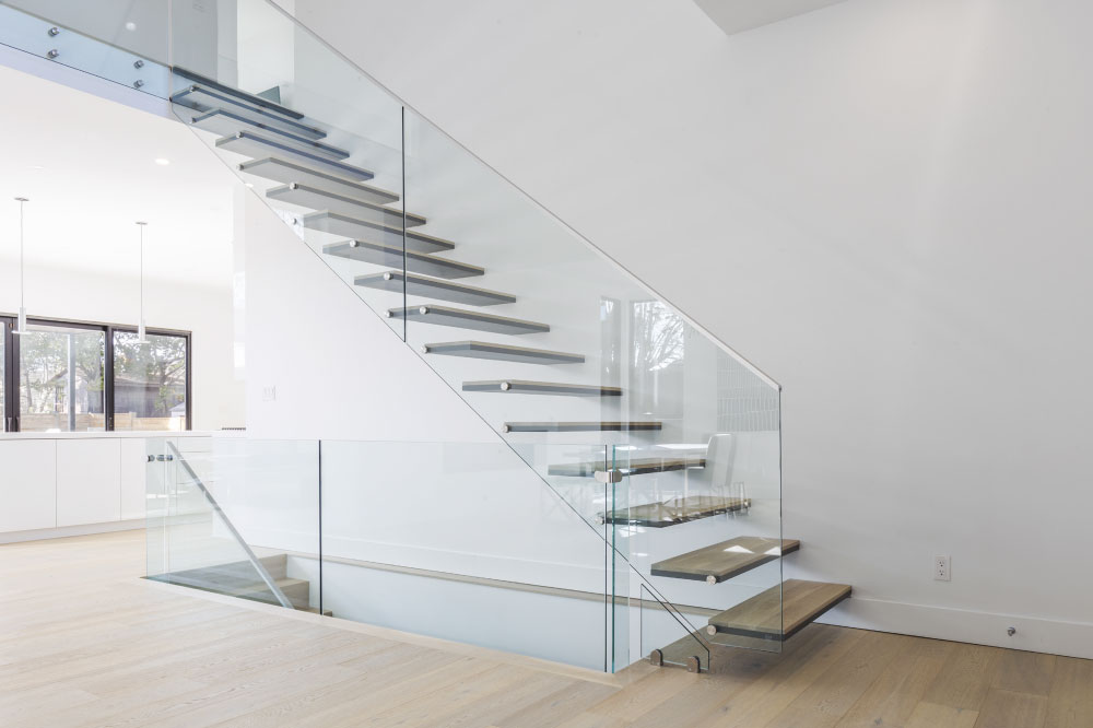wall cantilevered / metal and wood steps / top mount handrail / aluminum handrail