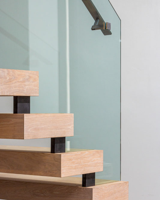 floating zig zag stair / box steps / side glass mount handrail / anodized aluminum handrail