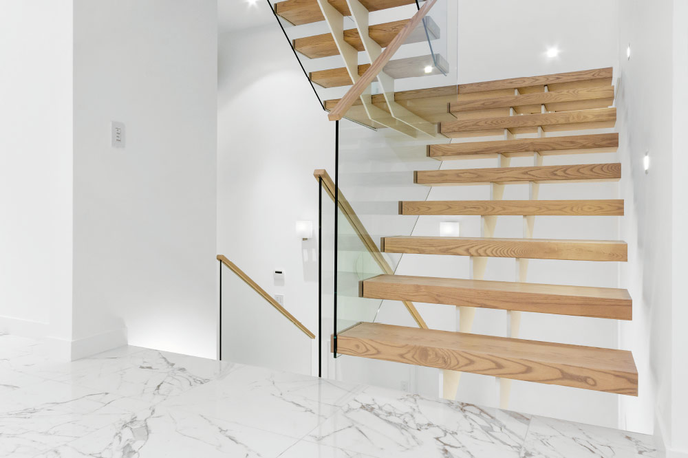 twin stringer / box steps / glass top mount handrails